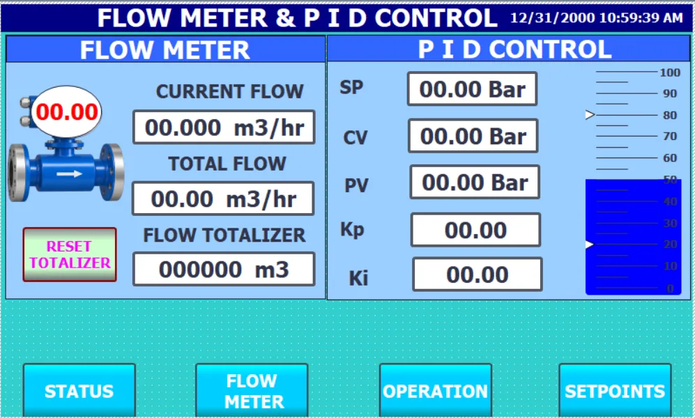 Pump control HMI screen: Flow meter and PID control