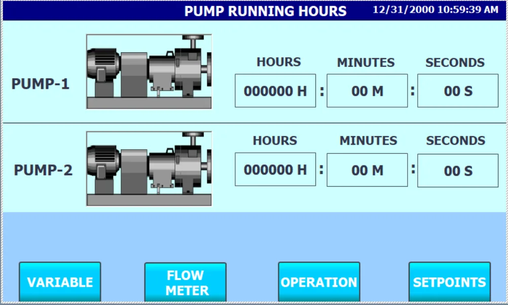 Pump control HMI screen: Pump running hours